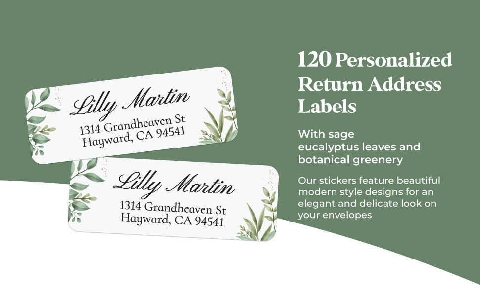 120 personalized return address labels with sage eucalyptus and botanical greenery