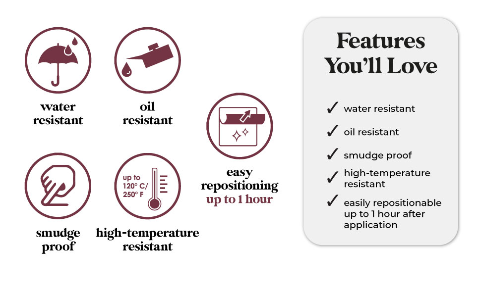 Water resistant, oil resistant, smudge proof, high-temperature resistant, easy repositioning