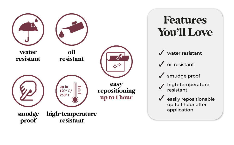 Water resistant, oil resistant, smudge proof, high-temperature resistant, easy repositioning