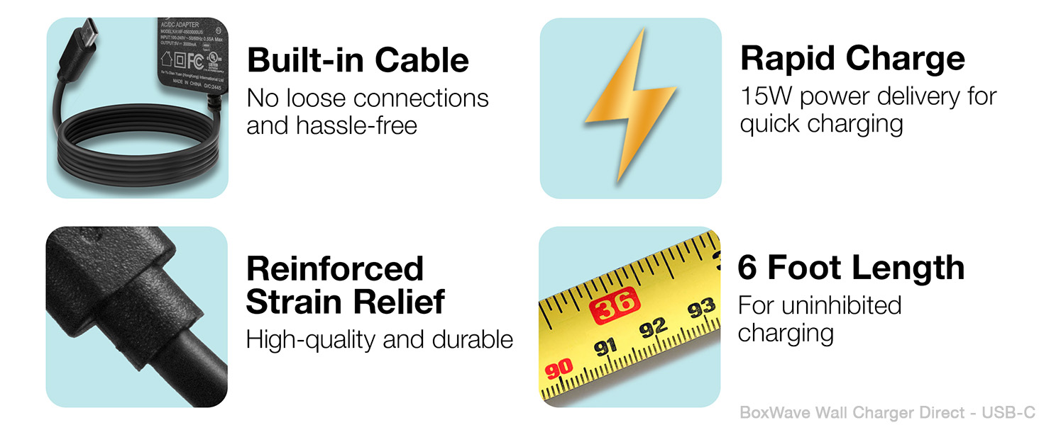 Features Built-in cable, Reinforced Strain Relief, Rapid Charge 15W, 6 Foot Length