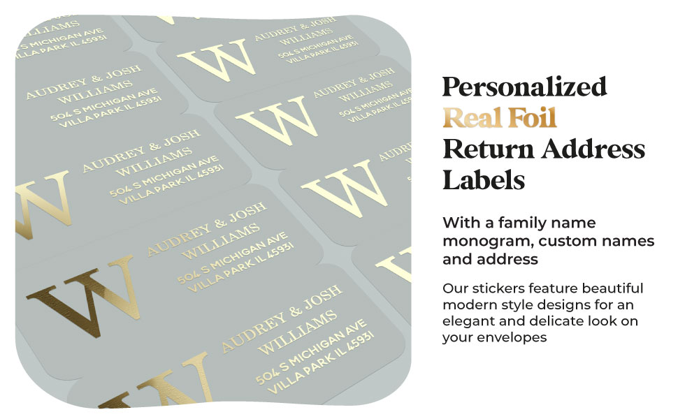 Personalized Real Gold Foil return address labels with family name monogram