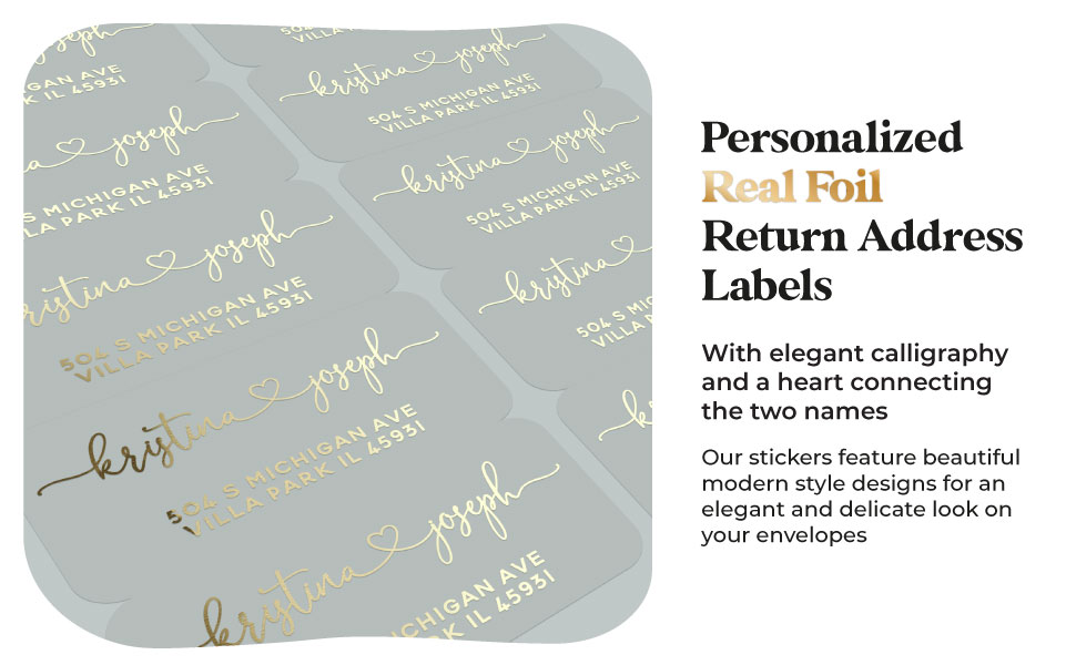 Personalized Real Gold Foil return address labels with a heart connecting the two names