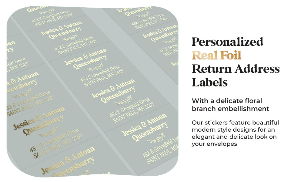 Personalized Real Gold Foil return address labels with delicate floral branch