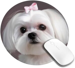 1 Round Mouse Pad with Non-Slip Rubber Base Lovely Maltese Dog Mouse Mat with Stitched Edge Gaming Mousepad for Wireless Mouses Computer Laptop Home Office Desk Pad 7.9 x 7.9 Inch
