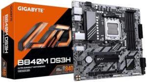GIGABYTE B840M DS3H Motherboard – AMD Ryzen 9000 CPUs, 8+2+2 Phases VRM, up to 8200MHz DDR5, 2xPCIe 4.0 M.2, 2.5GbE LAN, USB 3.2 Gen 1