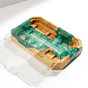 Handmade Keycap Display Case Box – Resin and Wood Artisan Keycap Holder, 25-Slot Storage Tray for Mechanical Keyboard Keycaps, Custom Gift for Gamers – 7.6 x 6.8 x 1.0 in (Green)