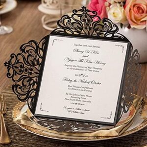 50PCS 6.3 x 6.3 Inch Laser Cut Wedding Invitations with Envelopes Black Lace Flower Invitation Cards for Quinceañera Engagement Birthday Party Invites (Customized Printed)