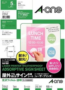 A-One 31042 Outdoor Suction Sheet, Laser, Glossy Film, Transparent, A4, 5 Sheets