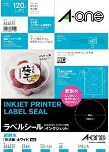 A-One 64412E Inkjet Label Stickers, Super Water Resistant, Glossy Paper, Round Shape, 12 Sheets, 10 Sheets