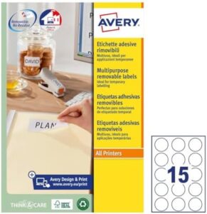 AVERY Removable, Printable, Multi Purpose Circle Labels, Multi Surface, 51 mm, White, 375 Labels per Pack (L4853REV-25)
