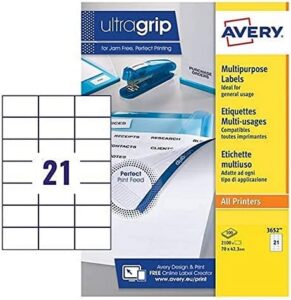 Avery 3652 self-Adhesive Multipurpose/Copier Labels, 21 Labels per A4 Sheet, White (100 Sheets)