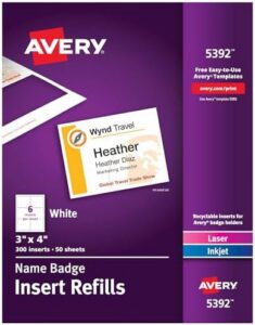 Avery Customizable Name Badge Inserts for Name Tag Holders, 3″ x 4″, White, Laser/Inkjet Printable, 300 Total (5392)