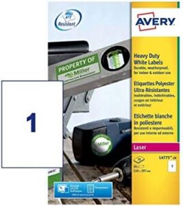 Avery L4775-20 Extra-Strong Adhesive Heavy Duty Weatherproof Labels, 1 Label Per A4 Sheet, White