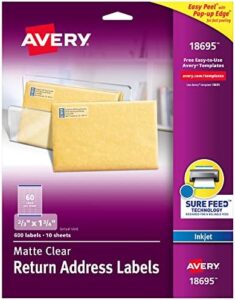 Avery Matte Clear Return Address Labels,Sure Feed Technology,Inkjet, 2/3″ x 1-3/4″,600 Labels,5 Packs (18695)