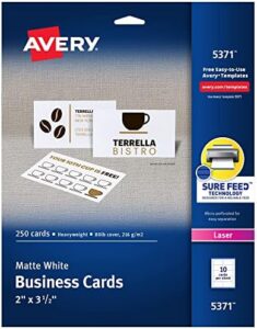 Avery Printable Business Cards with Sure Feed Technology, 2″ x 3.5″, White, 250 per Pack, 5 Packs, Total of 1,250 Blank Cards for Laser Printers (5371)