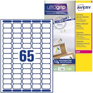 Avery Self Adhesive Mini Organising Return Address Labels, Laser Printers, 65 Labels Per A4 Sheet, 6500 Labels, UltraGrip (L7651), White