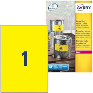 Avery Yellow Heavy Duty Laser Labels, 210 x 297 mm – Printer Labels (210 x 297 mm, Self-Adhesive Printer Label, Yellow, A4, -20-80 °C, Polyester, Laser)