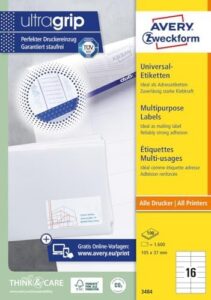 Avery Zweckform 3484, Universal Labels, (A4, Matt Paper, 1,600 Labels, 105 x 37 mm, 100 Sheets, White