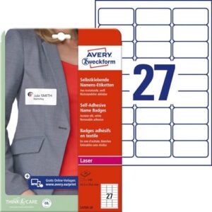 Avery Zweckform L4784-20 Name Labels 20 Sheets / 540 Labels / 63.5 x 29.6 mm White
