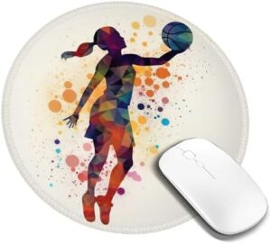 Basketball Girl Pattern Mousepad with Non-Slip Rubber Base, 4 PCS Waterproof Gaming Mousepad with Stitched Edge, Laptop Mousemat Washable Mousepad Lycra Cloth, Round Mice Pad for Office 8 in