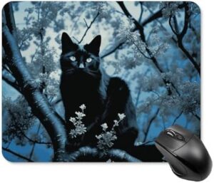 Black Cat on Tree Mouse Pad Square Mousepad Cute Laptop Mouse Mat Large Gaming Mouses Pad Non-Slip Desk Mat Leather Keyboard Pads for Office Desk Accessories