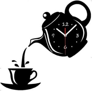 DIY 3D Frameless Wall Clock Kit 16 Inch Silent Non Ticking Modern Creative Teapot Cup Wall Clock Stickers for Living Room Bedroom Kitchen Office Dining Room Decorations (Black)