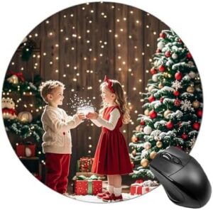 Exquisite Children Under The Christmas Tree Printed Round Mouse Pad Portable Waterproof Non-Slip Mousepad Rubber Mouse Mat Desk Decor Stuff for Laptop Computer Gaming Office Home