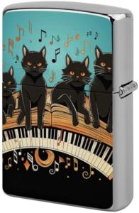 Four Black Cats Lying on The Piano Keyboard Lighter Case Cover, Personalized Graffiti Lighter Sleeve, Double-Sided Vintage Metal Protector