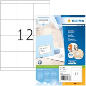 HERMA 4279 Self Adhesive Multipurpose Labels, 12 Labels per A4 Sheet, 100 Sheets, 70 x 67.7 mm, 1200 Labels, Blank Universal Labels Stickers, Sticky Labels for Laser & Inkjet Printer, White