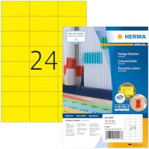 HERMA 4406 Self Adhesive Coloured Labels, 24 Labels per A4 Sheet, 100 Sheets, 70 x 37 mm, 2400 Labels, Blank Colour Labels Stickers, Sticky Labels for Laser & Inkjet Printer, Yellow
