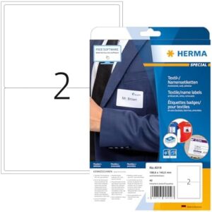 HERMA 4519 Self Adhesive Clothing Labels, 2 Labels per A4 Sheet, 20 Sheets, 199.6 x 143.5 mm, 40 Labels, Blank Removable Name Labels Stickers, Sticky Textile Labels for Laser & Inkjet Printer, White