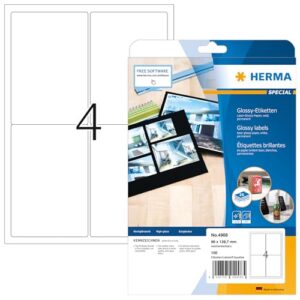 HERMA 4908 High Gloss Labels DIN A4, Set of 32 (96 x 139.7 mm, 800 Sheets, Glossy Paper) Self-Adhesive, Printable, Permanent Adhesive Glossy Stickers, 3,200 Adhesive Labels, White