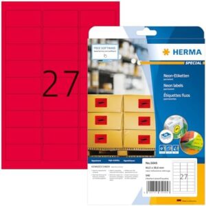 HERMA Self Adhesive Coloured Labels, 27 Labels Per A4 Sheet, 540 Labels for Printers, Neon-Red, 63.5 x 29.6 mm (5045)
