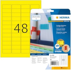 HERMA Self Adhesive Coloured Labels, 960 Labels (48 per A4 Sheet, 20 Sheets), 45.7 x 21.2 mm, Yellow Removable Colour Stickers for Laser & Inkjet Printers