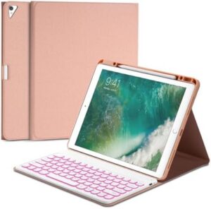 Keyboard Case for iPad Pro 12.9-inch 2017/2015 (Old Model, 2nd & 1st Generation), 7 Color Backlight, Wireless Detachable Folio Keyboard Cover [Droplet Shape] with Pencil Holder, Pink