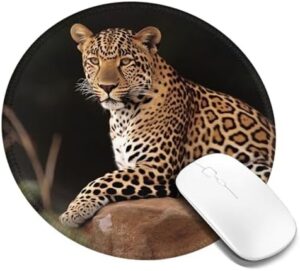 Round Mouse Pad with Non-Slip Rubber Base African Leopard on Rock Mouse Mat with Stitched Edge Gaming Mousepad for Wireless Mouse Computer Laptop Home Office Desk Pad 8″
