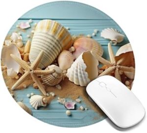 Round Mouse Pad with Non-Slip Rubber Base Beach Theme Seashells Mouse Mat with Stitched Edge Gaming Mousepad for Wireless Mouse Computer Laptop Home Office Desk Pad 8″