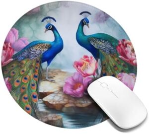 Round Mouse Pad with Non-Slip Rubber Base Beautiful Peacocks and Lotuses Mouse Mat with Stitched Edge Gaming Mousepad for Wireless Mouse Computer Laptop Home Office Desk Pad 8″