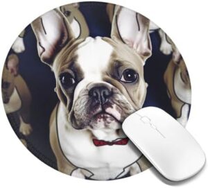 Round Mouse Pad with Non-Slip Rubber Base Cute French Bulldog Mouse Mat with Stitched Edge Gaming Mousepad for Wireless Mouse Computer Laptop Home Office Desk Pad 8″