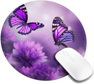 Round Mouse Pad with Non-Slip Rubber Base Purple Flower Butterflies Mouse Mat with Stitched Edge Gaming Mousepad for Wireless Mouse Computer Laptop Home Office Desk Pad 8″