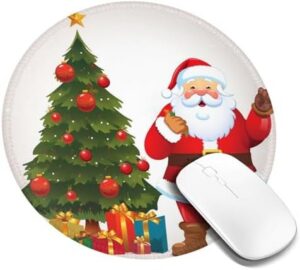 Round Mouse Pad with Non-Slip Rubber Base Santa Claus Christmas Tree Xmas Mouse Mat with Stitched Edge Gaming Mousepad for Wireless Mouse Computer Laptop Home Office Desk Pad 8″