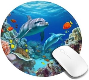 Round Mouse Pad with Non-Slip Rubber Base Seabed Coral Fish Dolphins Mouse Mat with Stitched Edge Gaming Mousepad for Wireless Mouse Computer Laptop Home Office Desk Pad 8″