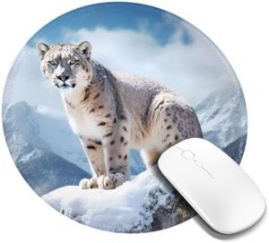 Round Mouse Pad with Non-Slip Rubber Base Snow Leopard Mountain Mouse Mat with Stitched Edge Gaming Mousepad for Wireless Mouse Computer Laptop Home Office Desk Pad 8″