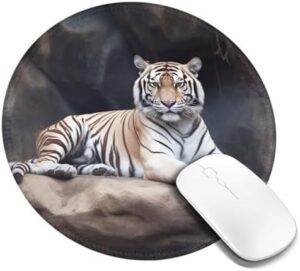 Round Mouse Pad with Non-Slip Rubber Base Tiger Sitting on Rock Animal Mouse Mat with Stitched Edge Gaming Mousepad for Wireless Mouse Computer Laptop Home Office Desk Pad 8″