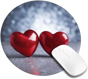 Round Mouse Pad with Non-Slip Rubber Base Two Red Hearts Mouse Mat with Stitched Edge Gaming Mousepad for Wireless Mouse Computer Laptop Home Office Desk Pad 8″
