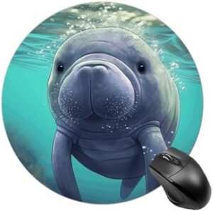 Round Mousepad with Non-Slip Rubber Base Cute Sea Animal Manatee Mousepad Gaming Mousemat Waterproof Funny Mousepad Large Desk Mat Washable Computer Mousepads for Laptop Office Home Working 7.8×7.8in