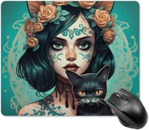 Skull Girl Holding A Black Cat Mousepad Cute Mouse Mat with Non-Slip Rubber Base for Desk Laptop Gaming 18 * 22cm