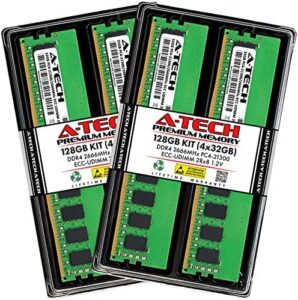 A-Tech Server 128GB Kit (4x32GB) DDR4 2666MHz PC4-21300 ECC UDIMM 2Rx8 Dual Rank 1.2V ECC Unbuffered DIMM 288-Pin Server & Workstation RAM Memory Upgrade Modules (A-Tech Enterprise Series)