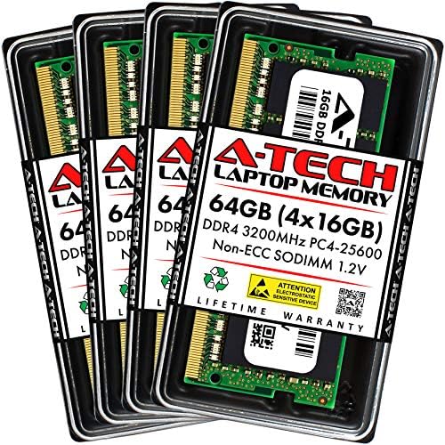 A-Tech 64GB (4x16GB) DDR4 3200 MHz SODIMM PC4-25600 (PC4-3200AA) CL22 Non-ECC Laptop RAM Memory Modules