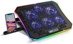 AIRBLADE 1200 – RGB Ventilated Laptop Holder – 10” to 17” – 6 Silent Illuminated Fans – Computer Cooler – Tilt 6 positions 7° to 50° – Phone Holder Included